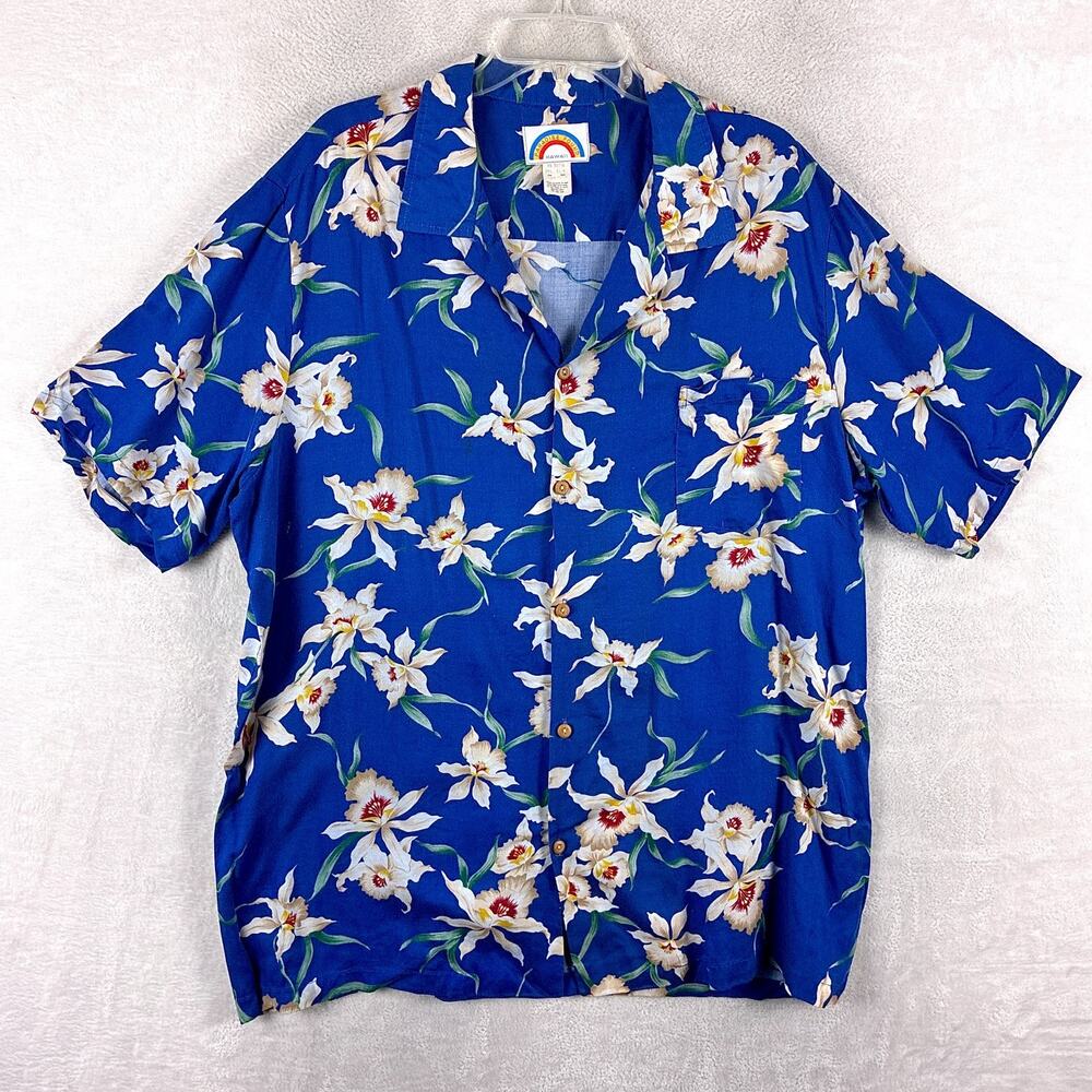 VTG Paradise Found Hawaiian Shirt Men 2XL Blue Star Orchid Rayon Magnum PI USA